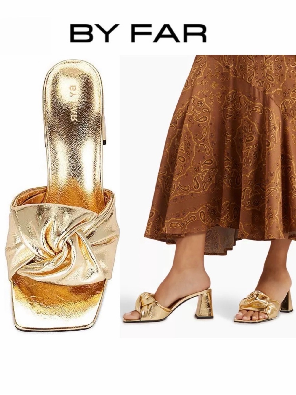🔥 NEW BY FAR Lamar 70 Mules in Metallic Leather Gold Knot Heels EU 37 $430